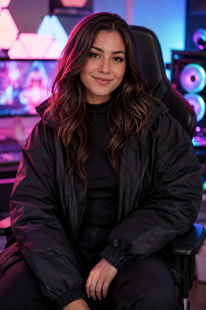 Adult gaming creator in a neon studio
