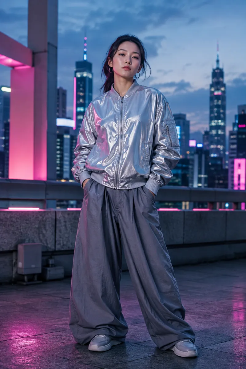 Adult street-fashion creator on a city rooftop
